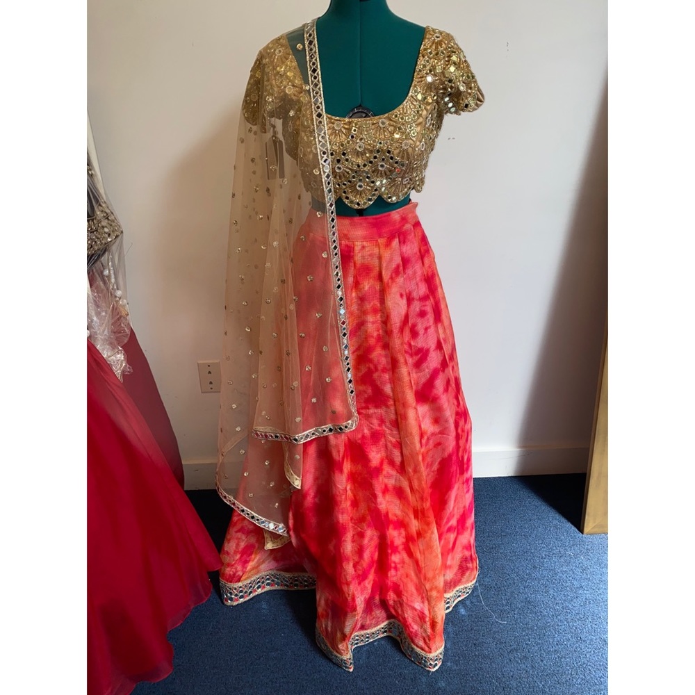 Tie Dye Lehenga with golden mirror blouse